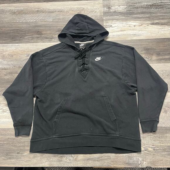 Nike Black Women Medium Sportswear French Terry Lace Up Swoosh Sweatshirt Hoodie - Picture 1 of 10